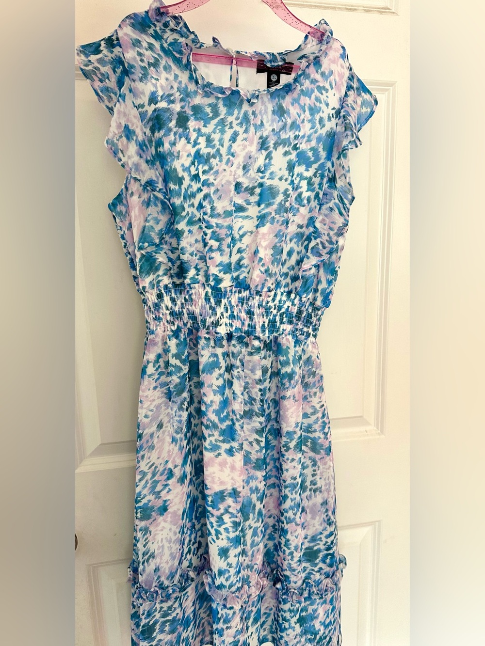AQUA Bloomingdales Girls XL 14/16 Blue Animal Print Smocked Ruffle Dress